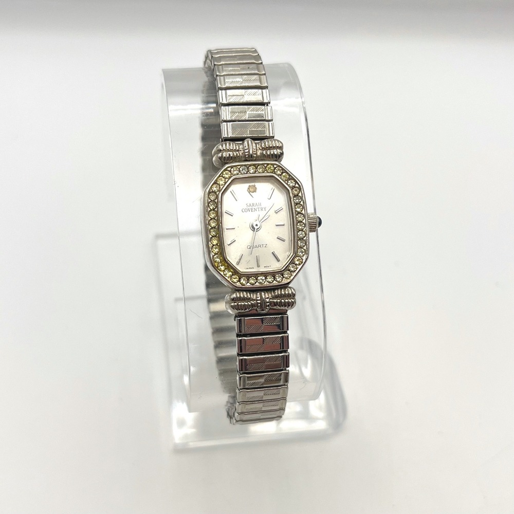 Sarah Coventry Ladies Quartz Watch Rhinestone Bezel Silver Tone Expansion Band